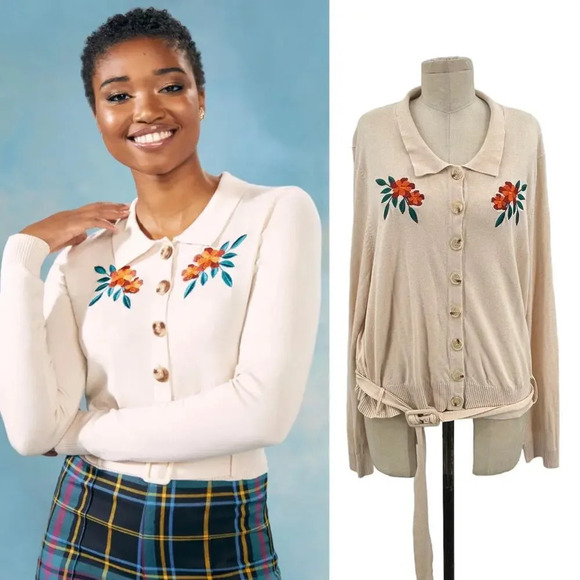 ModCloth x Collectif Blooms of Paradise Cardigan Floral‎ Belted Size US 16 - Picture 1 of 15